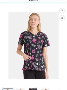 Barbie Black V-Neck Short Sleeve Tee with Pink & White All-Over Print